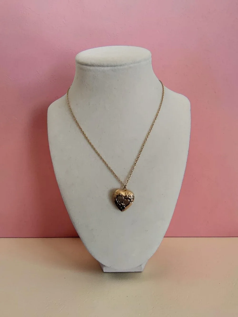 1928 Gold Tone Heart Locket Necklace Floral Double Heart Vintage Inspired
